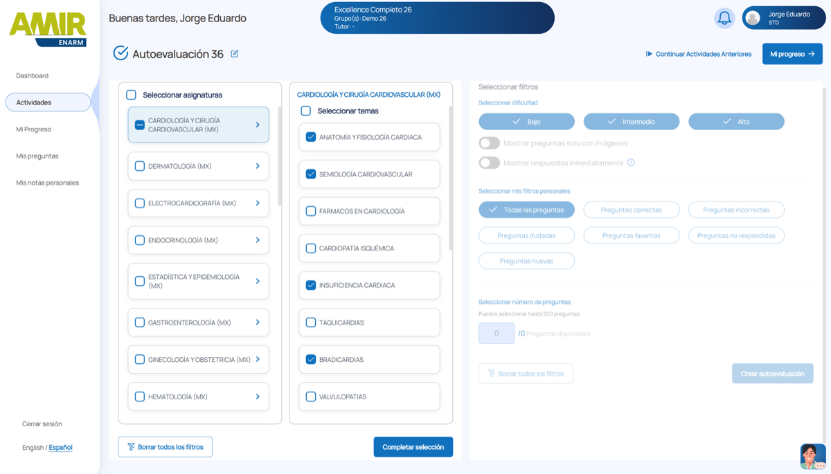 Pantalla de Healthcademia App: creación de una autoevaluación, con la lista de asignaturas, los temas de Cardiología y los filtros de dificultad.